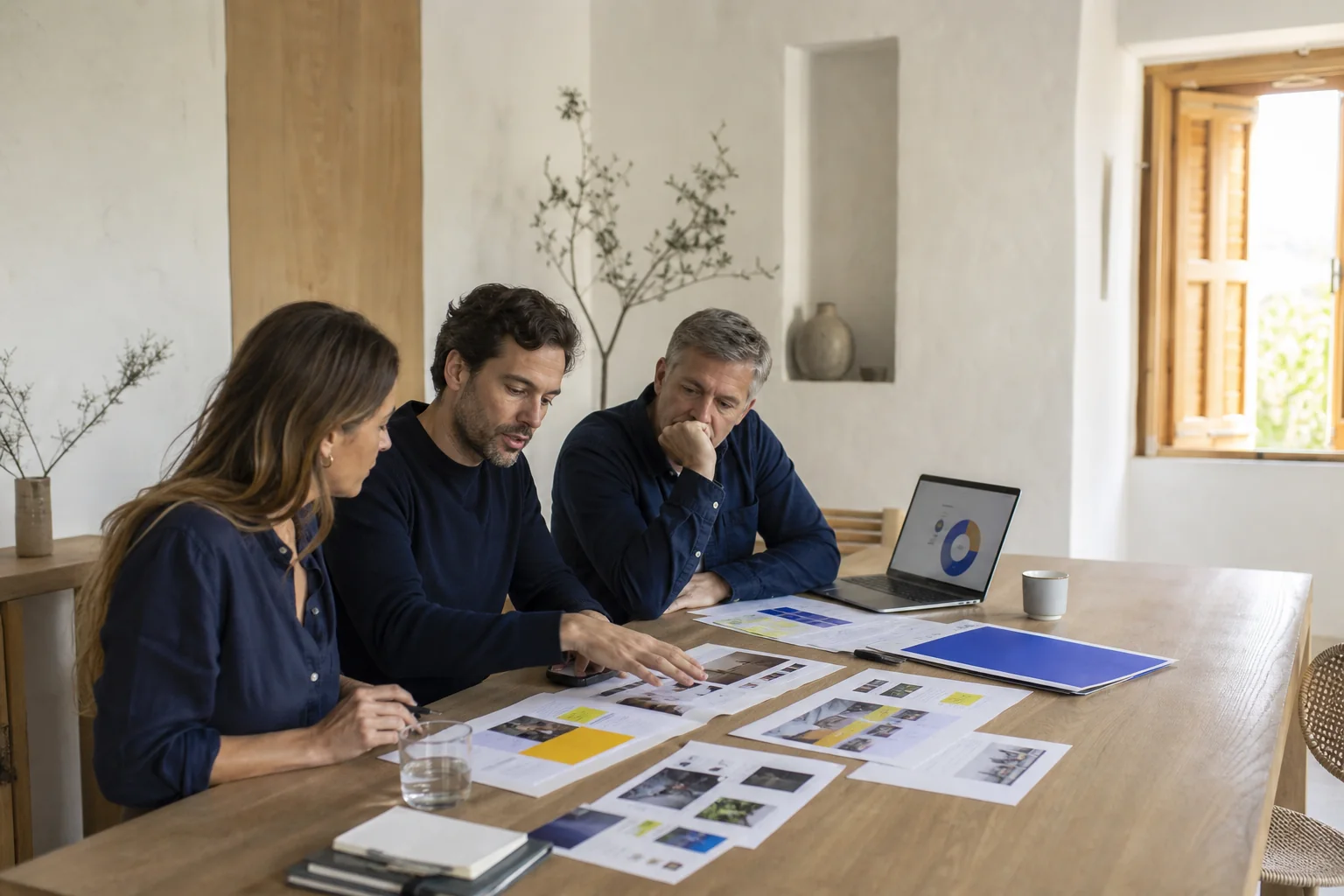 Three marketing professionals reviewing campaign creative and performance data